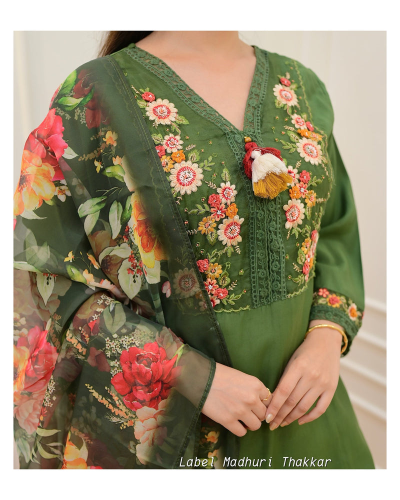 Green Threadwork A Line Silk Suit