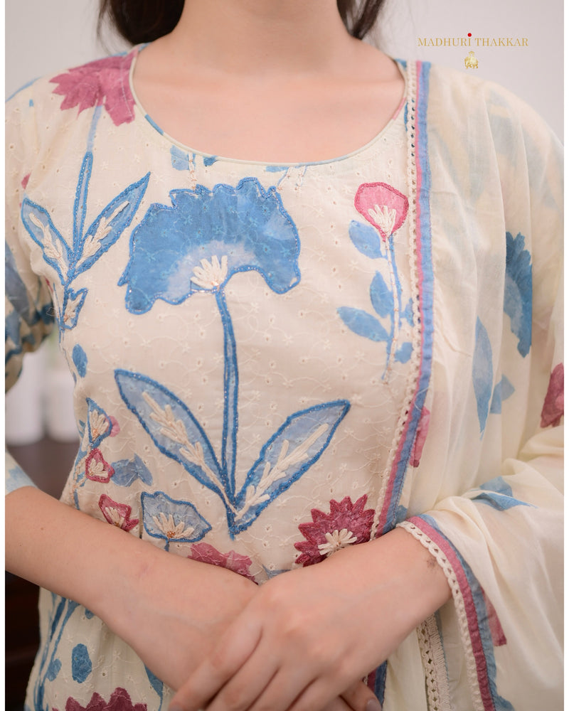 Ivory Blue Handwork Schiffli Cotton Suit
