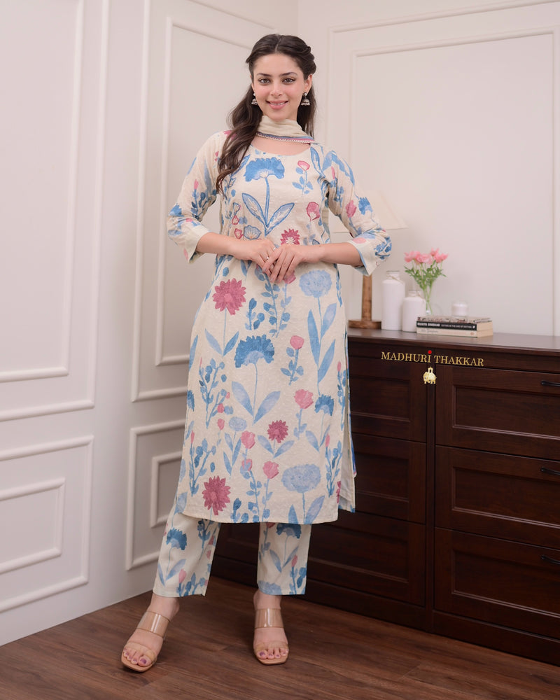 Ivory Blue Handwork Schiffli Cotton Suit