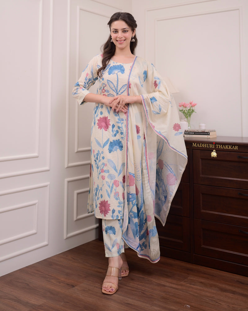 Ivory Blue Handwork Schiffli Cotton Suit