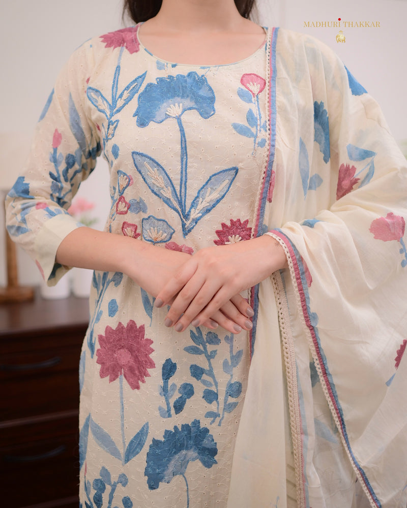 Ivory Blue Handwork Schiffli Cotton Suit