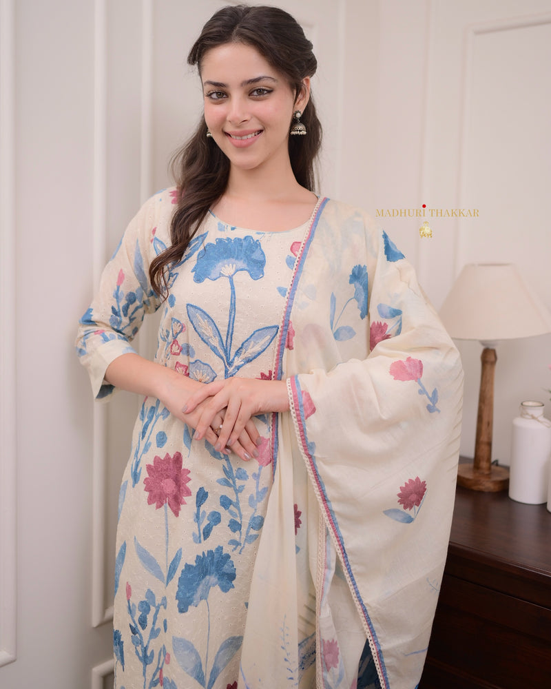 Ivory Blue Handwork Schiffli Cotton Suit