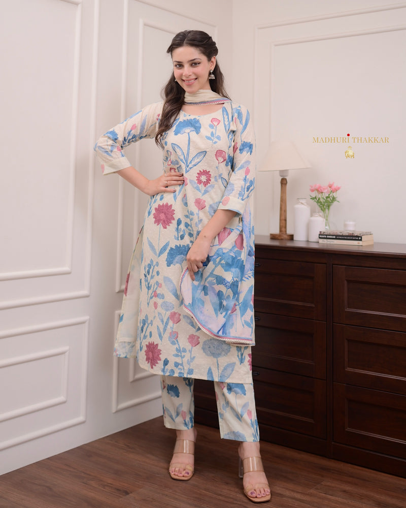 Ivory Blue Handwork Schiffli Cotton Suit