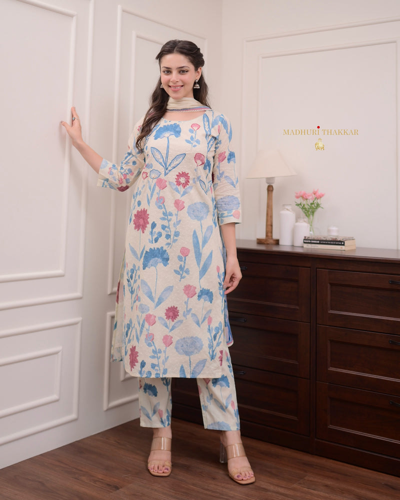 Ivory Blue Handwork Schiffli Cotton Suit