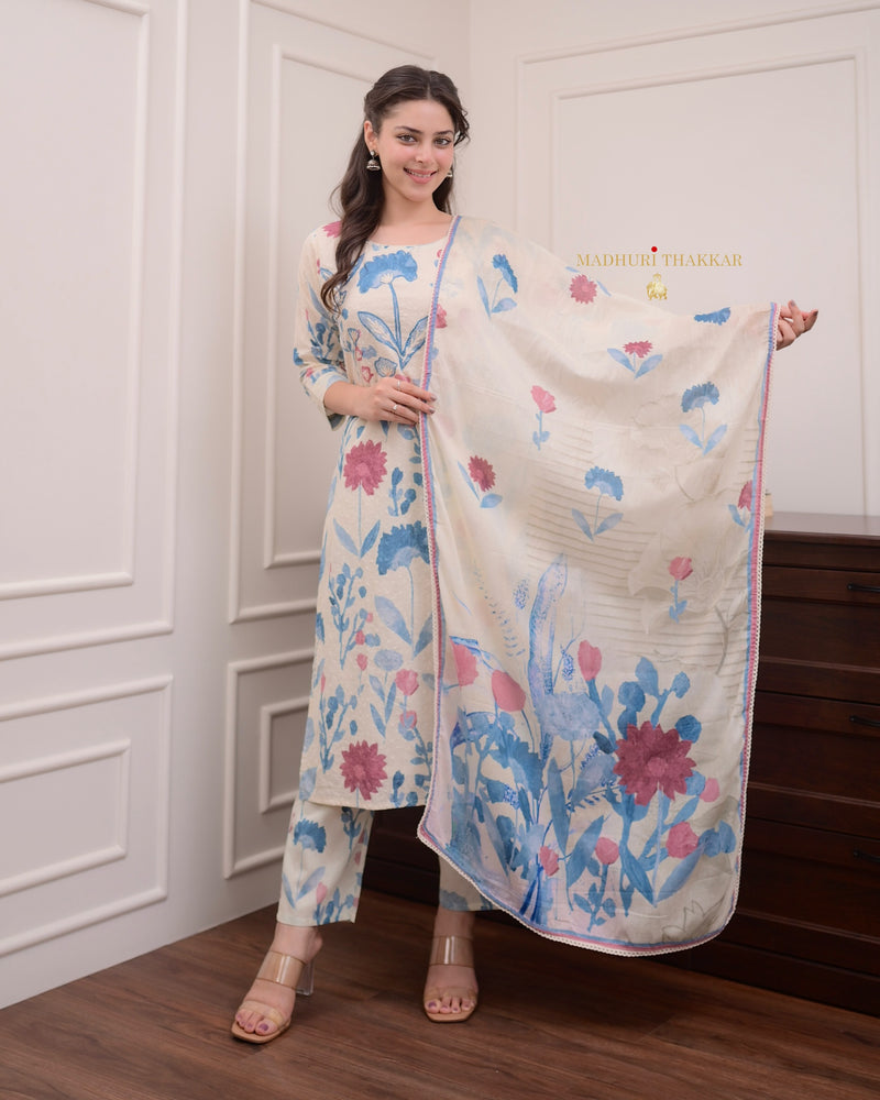 Ivory Blue Handwork Schiffli Cotton Suit