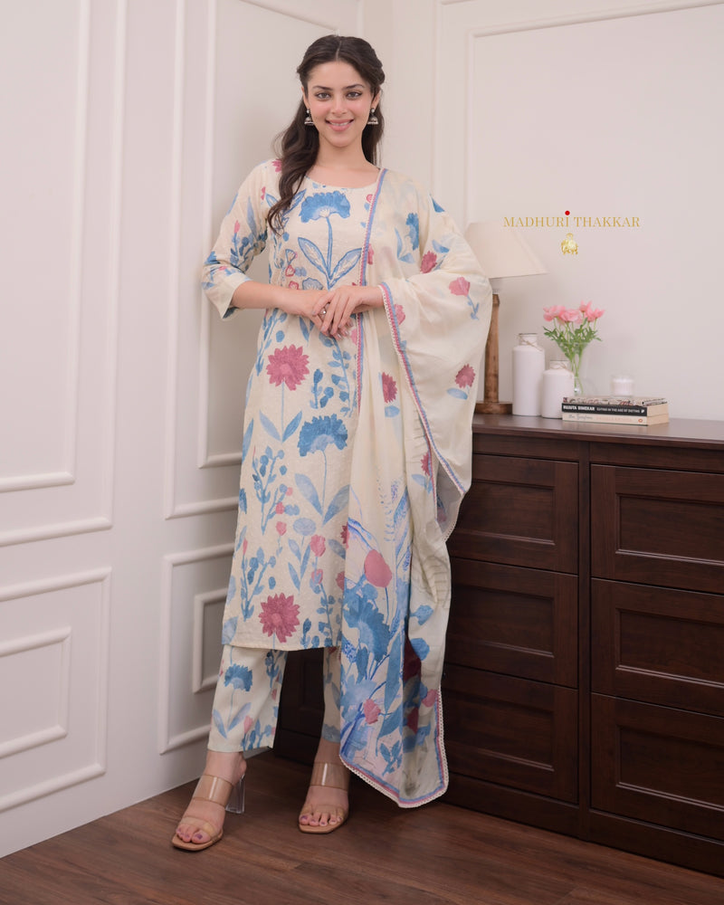 Ivory Blue Handwork Schiffli Cotton Suit