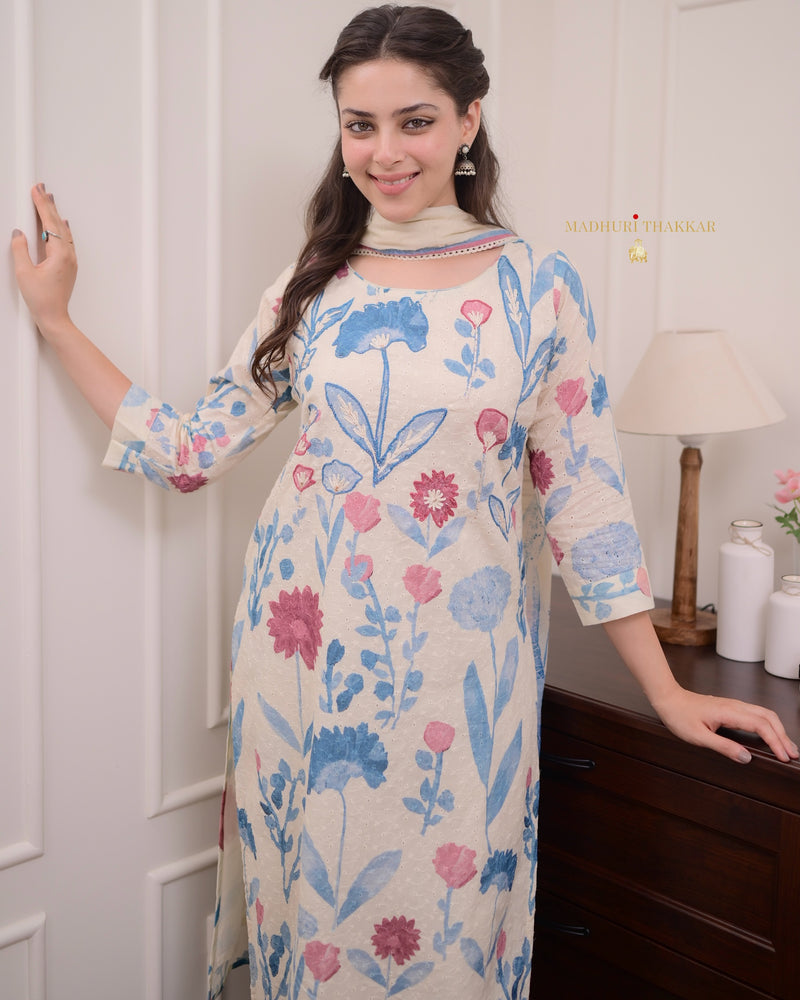 Ivory Blue Handwork Schiffli Cotton Suit