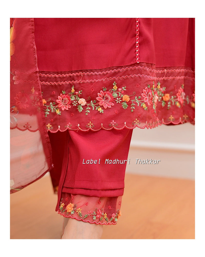 Red Threadwork A Line Silk Suit
