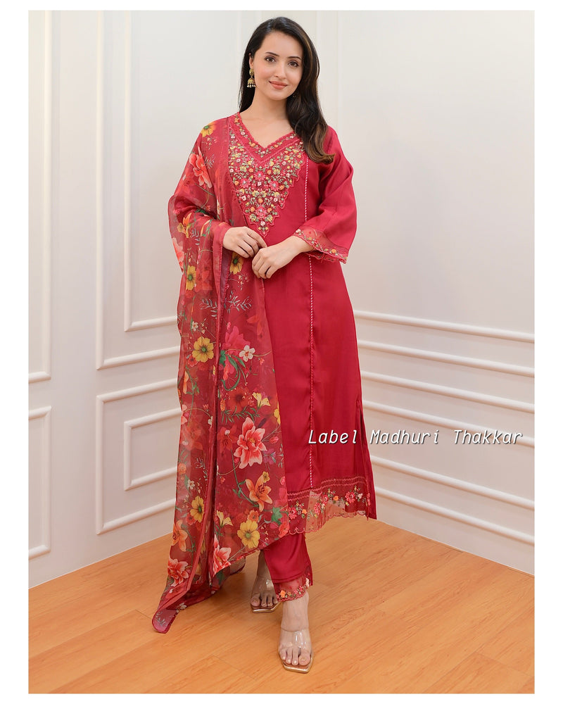Red Threadwork A Line Silk Suit