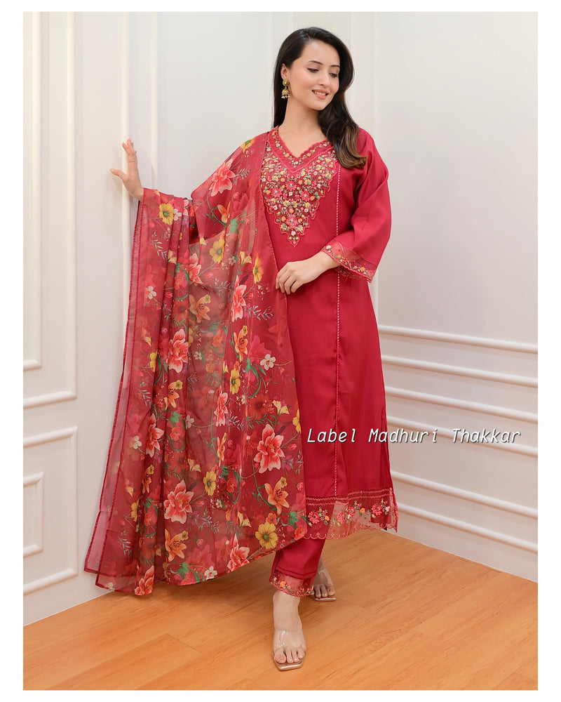 Red Threadwork A Line Silk Suit