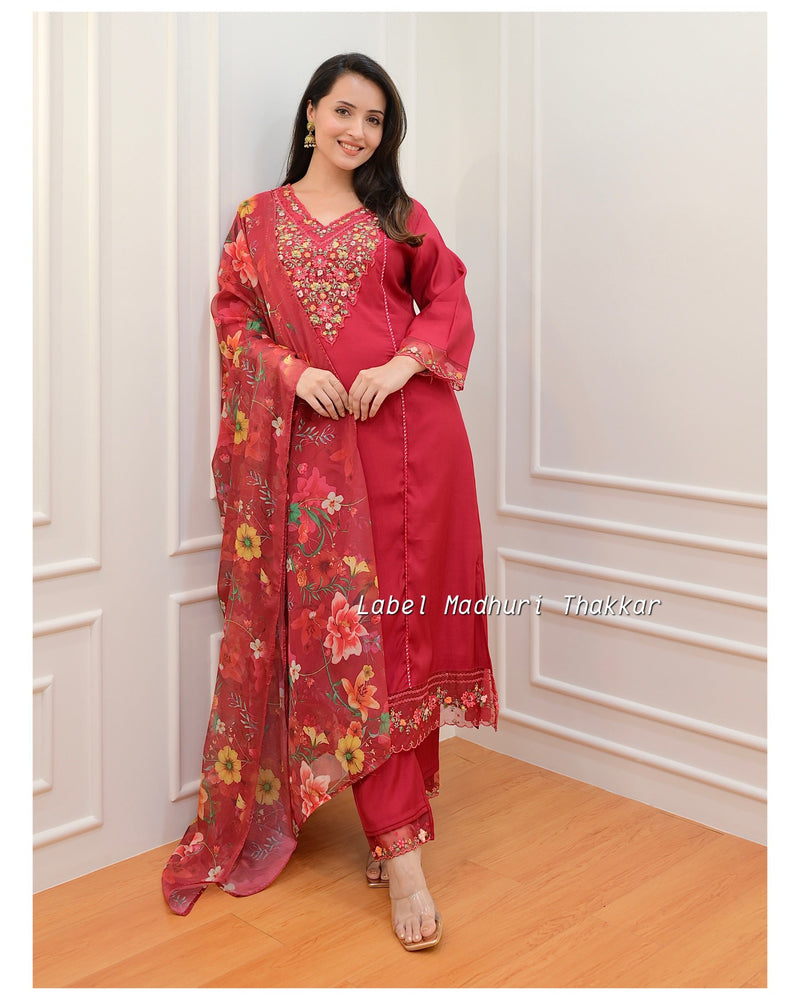 Red Threadwork A Line Silk Suit
