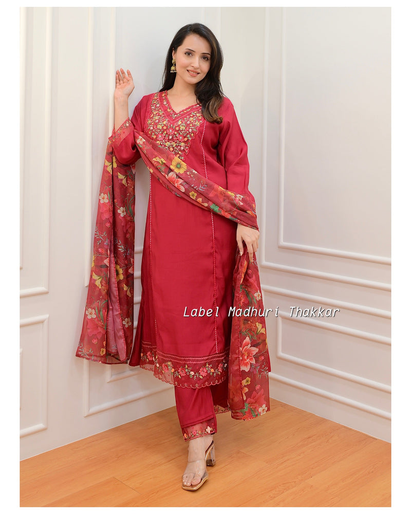 Red Threadwork A Line Silk Suit