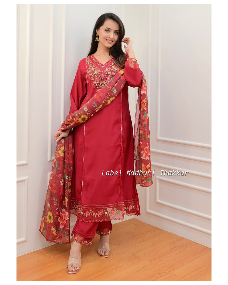 Red Threadwork A Line Silk Suit