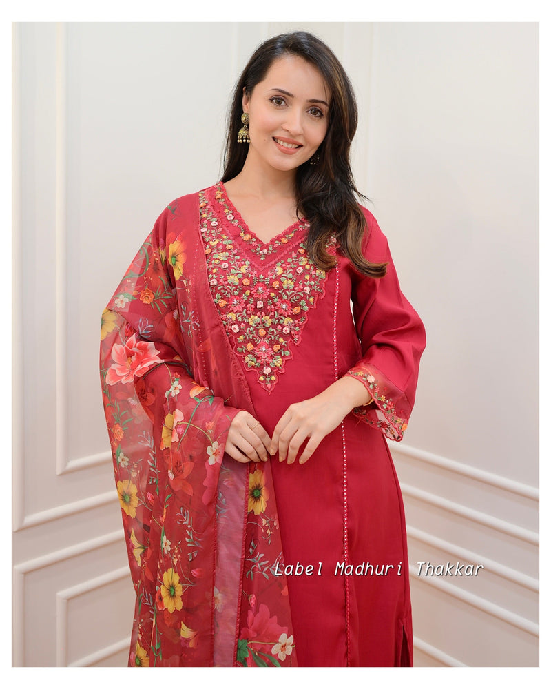 Red Threadwork A Line Silk Suit