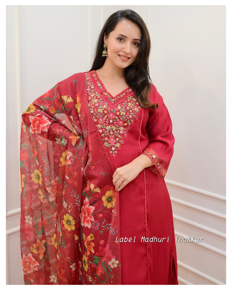 Red Threadwork A Line Silk Suit