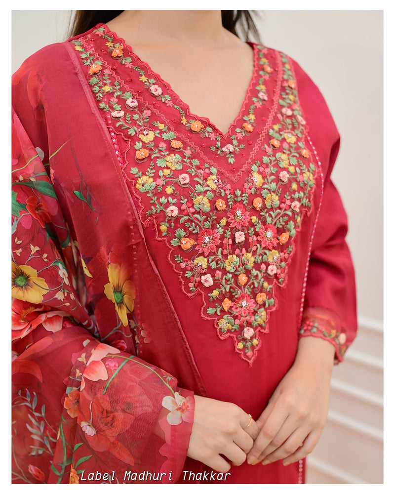 Red Threadwork A Line Silk Suit