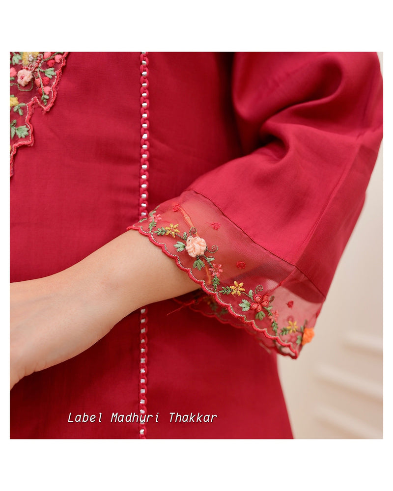 Red Threadwork A Line Silk Suit