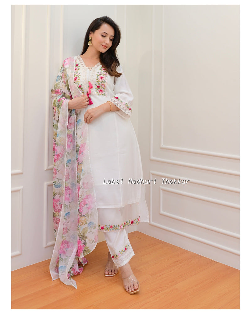 White Threadwork A Line Silk Suit