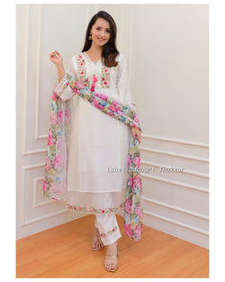 White Threadwork A Line Silk Suit