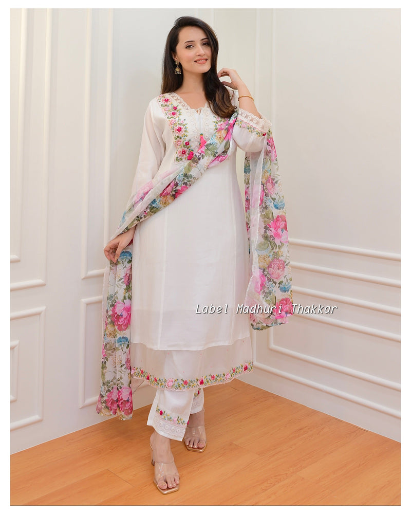 White Threadwork A Line Silk Suit