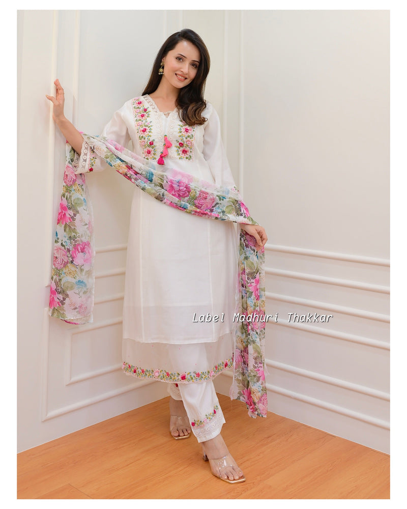 White Threadwork A Line Silk Suit