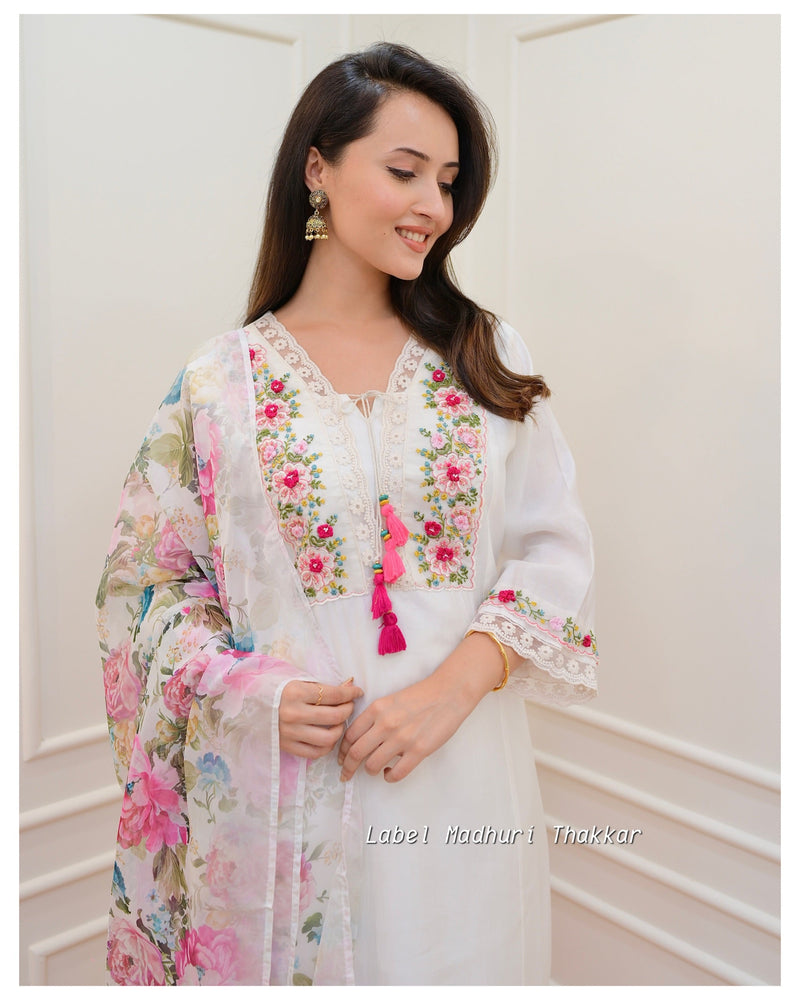 White Threadwork A Line Silk Suit