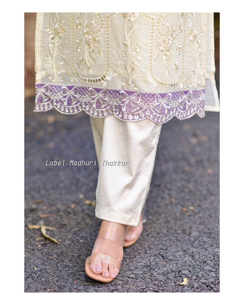 Ivory-Purple Pakistani Schiffli Suit