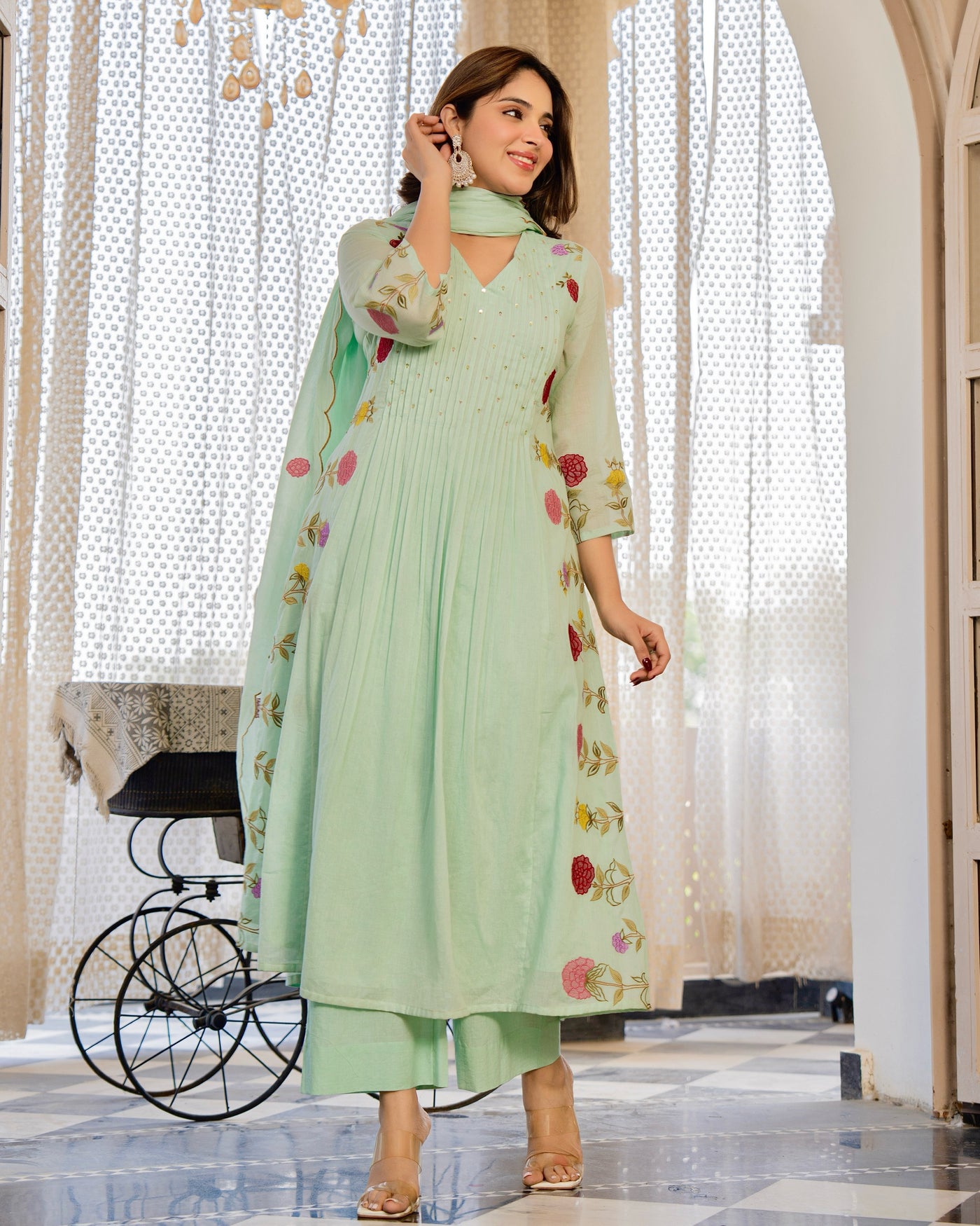 Pista Petals Mul Cotton Threadwork A Line Suit