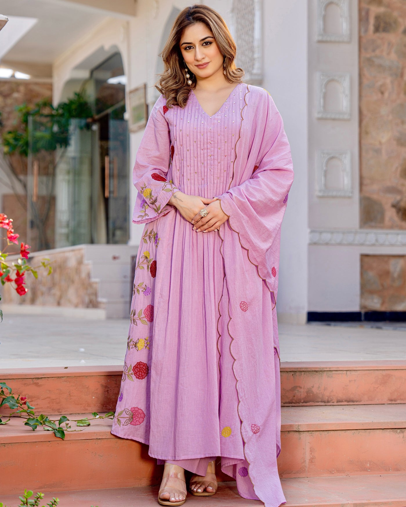 Gulposh Pink Petals Mul Cotton Threadwork A Line Suit