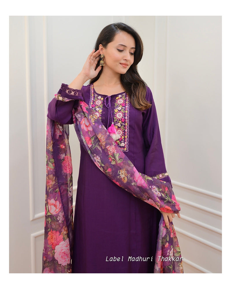 Purple Threadwork A Line Silk Suit