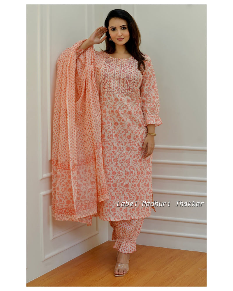 Peach Embroidered Cotton Suit