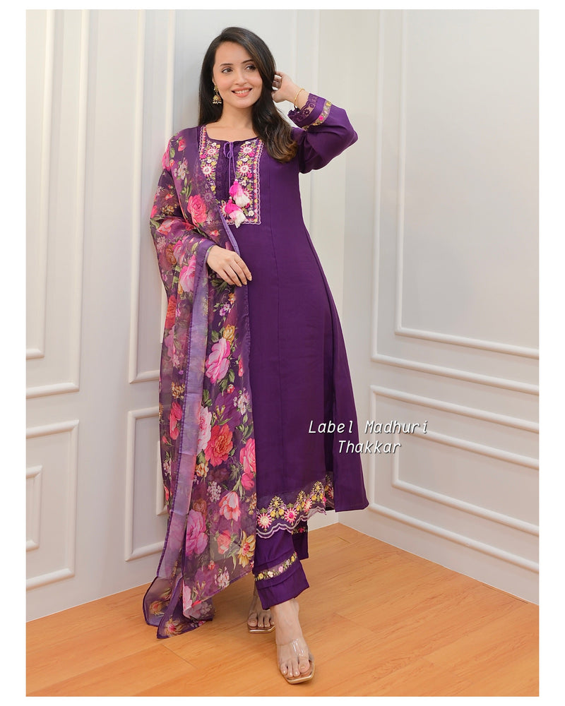 Purple Threadwork A Line Silk Suit