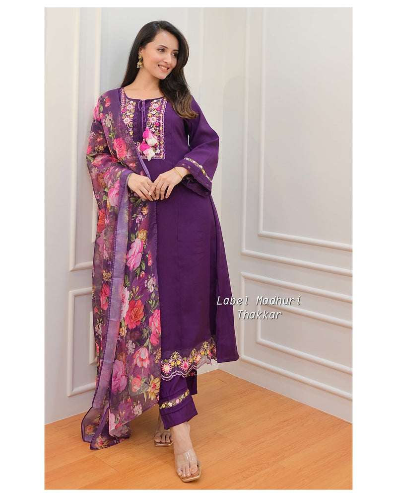 Purple Threadwork A Line Silk Suit