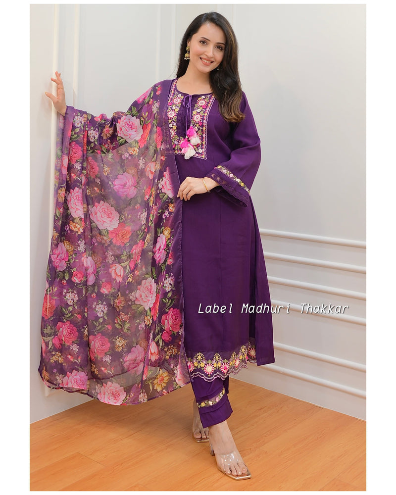 Purple Threadwork A Line Silk Suit