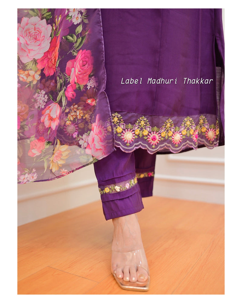 Purple Threadwork A Line Silk Suit