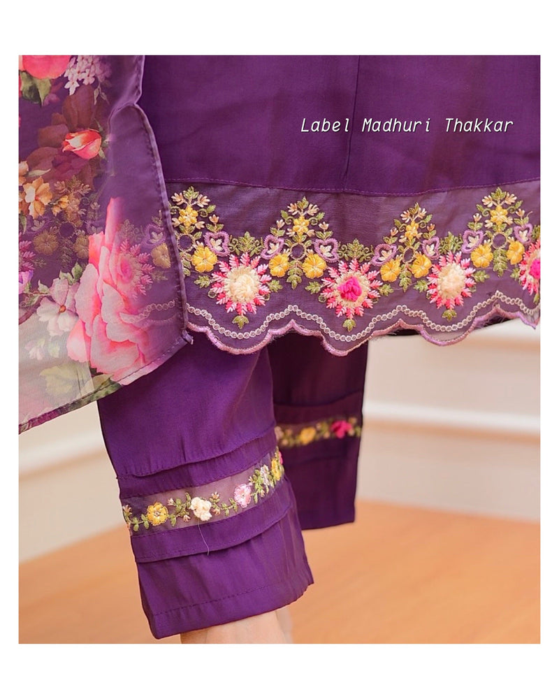 Purple Threadwork A Line Silk Suit