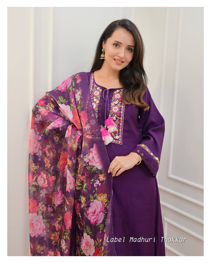 Purple Threadwork A Line Silk Suit