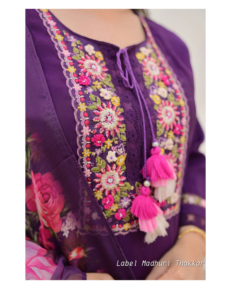 Purple Threadwork A Line Silk Suit