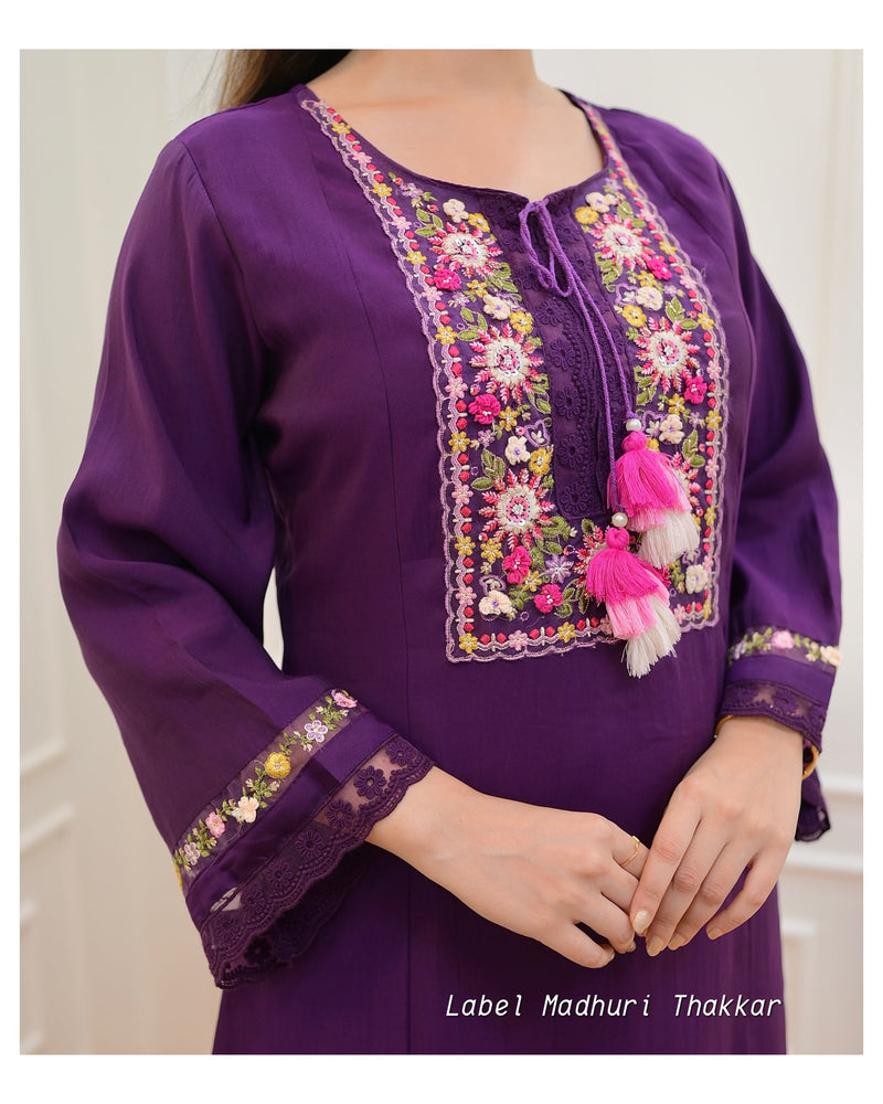 Purple Threadwork A Line Silk Suit