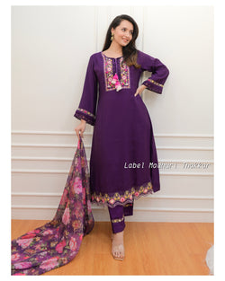 Purple Threadwork A Line Silk Suit