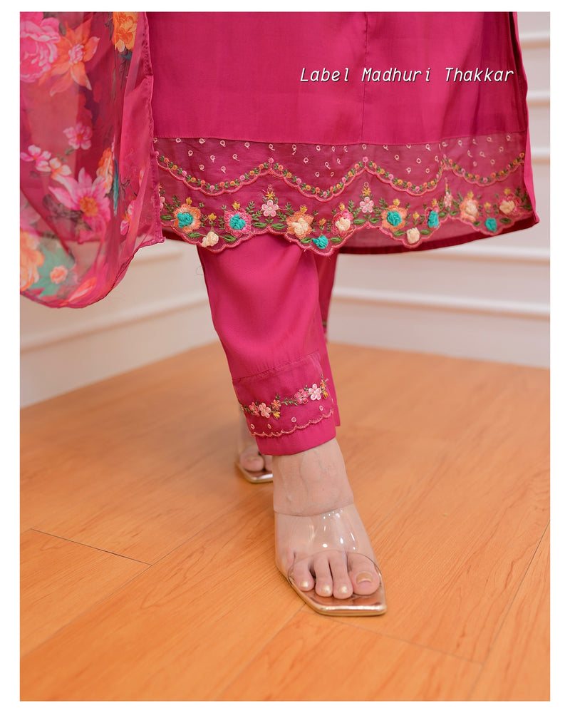 Pink Threadwork A Line Silk Suit