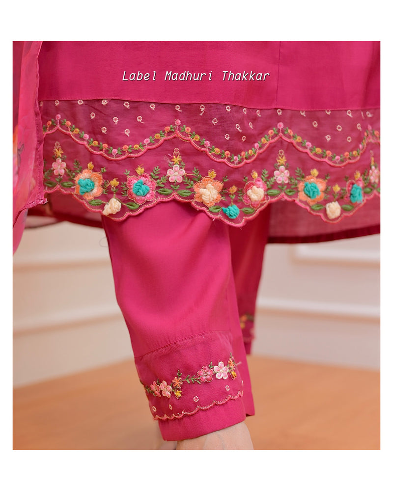 Pink Threadwork A Line Silk Suit