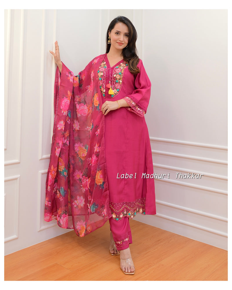 Pink Threadwork A Line Silk Suit