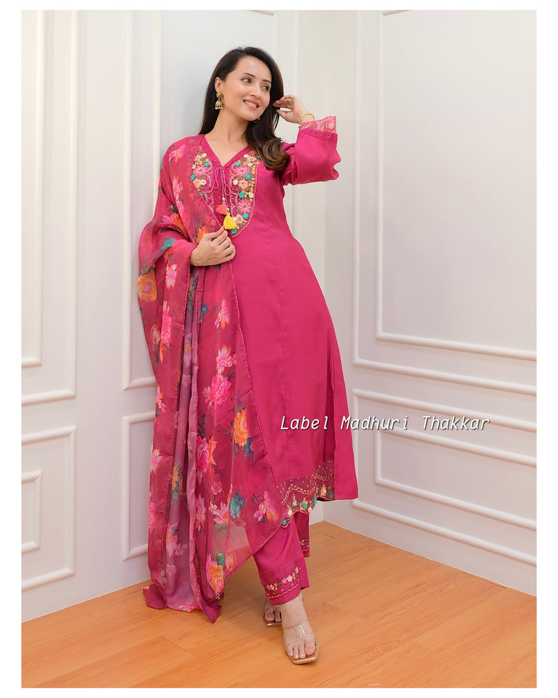 Pink Threadwork A Line Silk Suit
