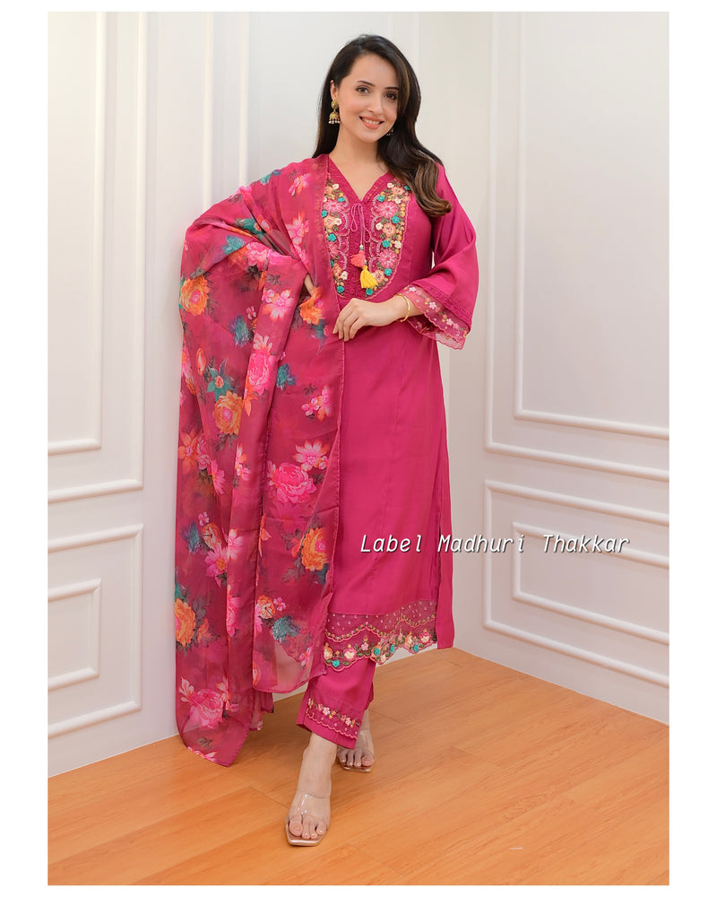 Pink Threadwork A Line Silk Suit