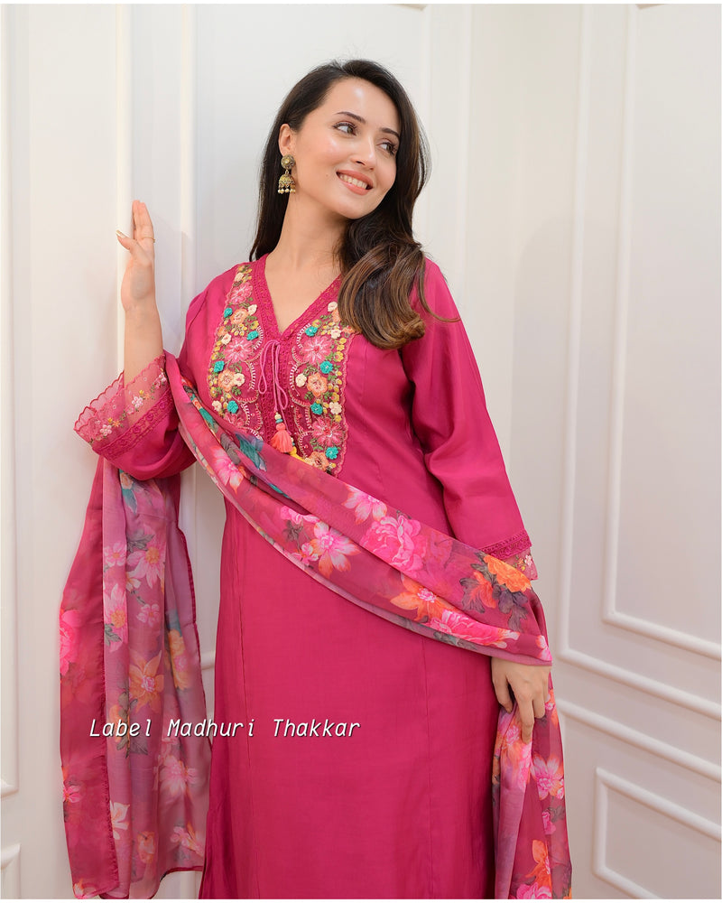 Pink Threadwork A Line Silk Suit