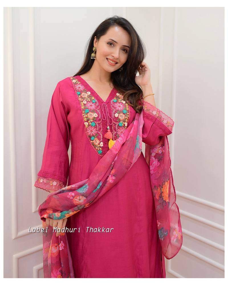 Pink Threadwork A Line Silk Suit