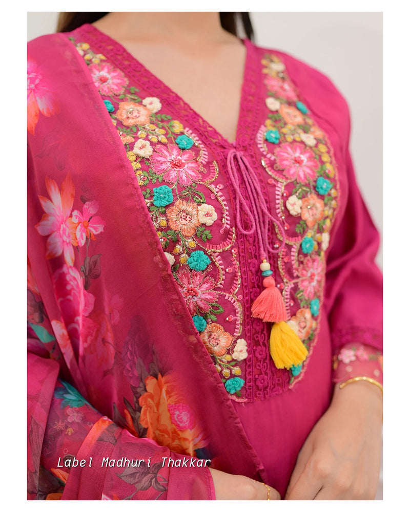 Pink Threadwork A Line Silk Suit