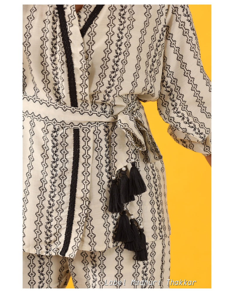 Ivory Black Digital Muslin Belt Co-ord