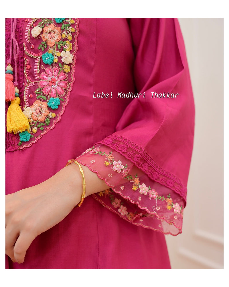 Pink Threadwork A Line Silk Suit